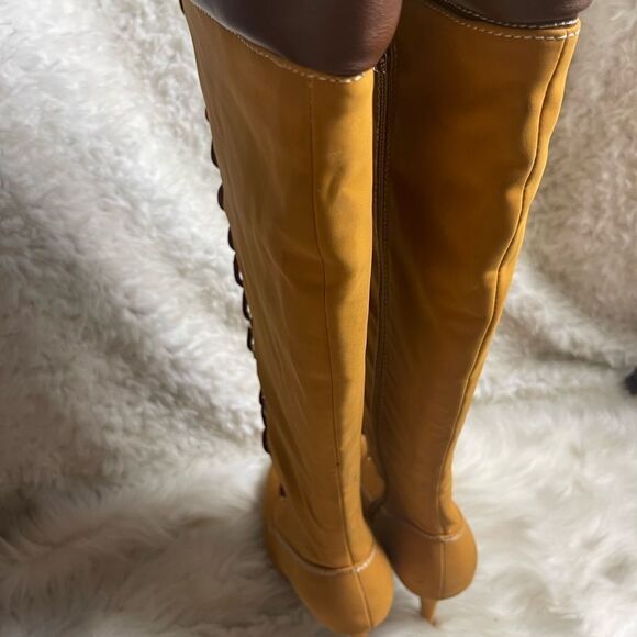 Bamboo Synthetic nubuck tan Combat knee high lace Up Stiletto Platform Boots SZ9 - Picture 5 of 12